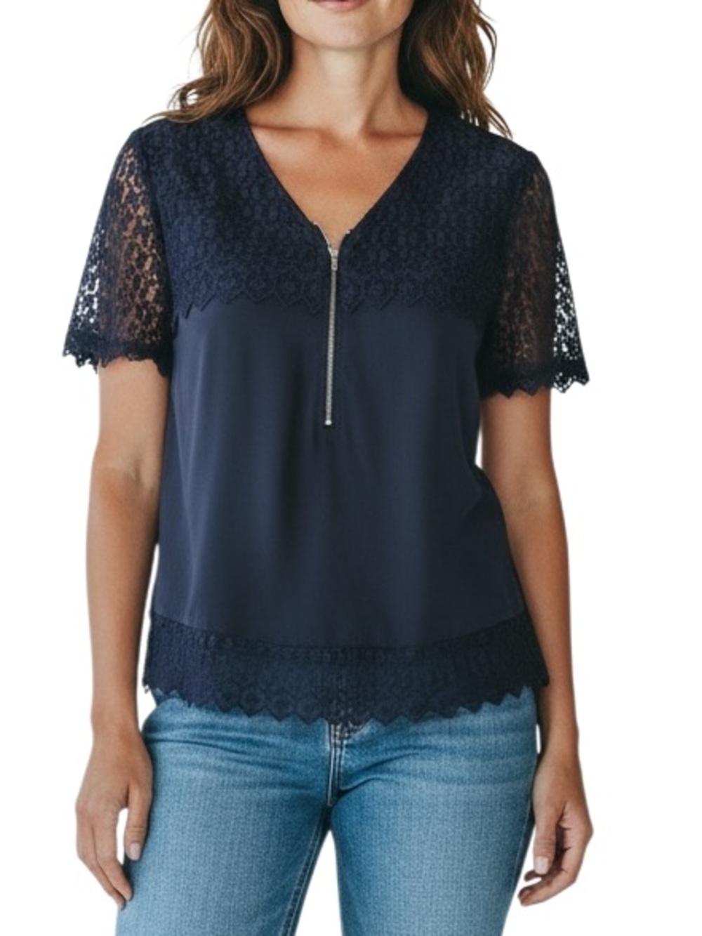The Kooples Lace Silk Zip Blouse Navy